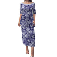 Polu Palaka Quilt Hawaii Family Matching Puletasi and Hawaiian Shirt Hawaiian Tropical Monstera Sea Turtle LT14 Mom's Dress Blue - Polynesian Pride