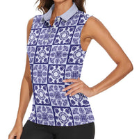 Polu Palaka Quilt Hawaii Women Sleeveless Polo Shirt Hawaiian Tropical Monstera Sea Turtle LT14 - Polynesian Pride