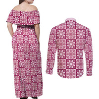 Akala Palaka Quilt Hawaii Couples Matching Off Shoulder Maxi Dress and Long Sleeve Button Shirt Hawaiian Tropical Monstera Sea Turtle LT14 - Polynesian Pride