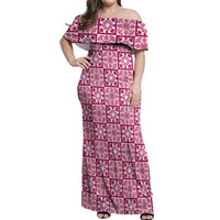 Akala Palaka Quilt Hawaii Off Shoulder Maxi Dress Hawaiian Tropical Monstera Sea Turtle