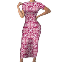 Akala Palaka Quilt Hawaii Short Sleeve Bodycon Dress Hawaiian Tropical Monstera Sea Turtle LT14 Long Dress Pink - Polynesian Pride