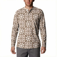 Beige Palaka Quilt Hawaii Button Sweatshirt Hawaiian Tropical Monstera Sea Turtle LT14 - Polynesian Pride