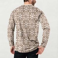 Beige Palaka Quilt Hawaii Button Sweatshirt Hawaiian Tropical Monstera Sea Turtle LT14 - Polynesian Pride