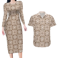 Beige Palaka Quilt Hawaii Couples Matching Long Sleeve Bodycon Dress and Hawaiian Shirt Hawaiian Tropical Monstera Sea Turtle LT14 Beige - Polynesian Pride