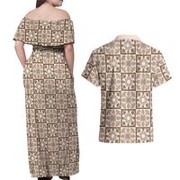 Beige Palaka Quilt Hawaii Couples Matching Off Shoulder Maxi Dress and Hawaiian Shirt Hawaiian Tropical Monstera Sea Turtle LT14 - Polynesian Pride