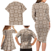 Beige Palaka Quilt Hawaii Family Matching Long Sleeve Bodycon Dress and Hawaiian Shirt Hawaiian Tropical Monstera Sea Turtle LT14 - Polynesian Pride