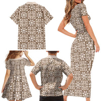 Beige Palaka Quilt Hawaii Family Matching Short Sleeve Bodycon Dress and Hawaiian Shirt Hawaiian Tropical Monstera Sea Turtle LT14 - Polynesian Pride