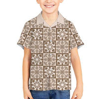 Beige Palaka Quilt Hawaii Family Matching Summer Maxi Dress and Hawaiian Shirt Hawaiian Tropical Monstera Sea Turtle LT14 Son's Shirt Beige - Polynesian Pride