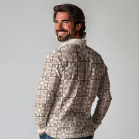 Beige Palaka Quilt Hawaii Long Sleeve Polo Shirt Hawaiian Tropical Monstera Sea Turtle LT14 - Polynesian Pride