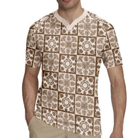 Beige Palaka Quilt Hawaii Rugby Jersey Hawaiian Tropical Monstera Sea Turtle