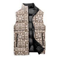 Beige Palaka Quilt Hawaii Sleeveless Puffer Jacket Hawaiian Tropical Monstera Sea Turtle