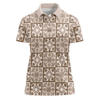 Beige Palaka Quilt Hawaii Women Polo Shirt Hawaiian Tropical Monstera Sea Turtle LT14 Female Beige - Polynesian Pride
