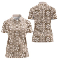 Beige Palaka Quilt Hawaii Women Polo Shirt Hawaiian Tropical Monstera Sea Turtle LT14 - Polynesian Pride