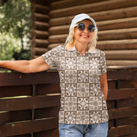 Beige Palaka Quilt Hawaii Women Polo Shirt Hawaiian Tropical Monstera Sea Turtle LT14 - Polynesian Pride