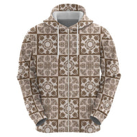 Beige Palaka Quilt Hawaii Zip Hoodie Hawaiian Tropical Monstera Sea Turtle