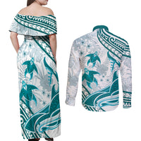 Cyan Polynesia Couples Matching Off Shoulder Maxi Dress and Long Sleeve Button Shirt Polynesian Turtle Shark Tattoo Tropical Vintage LT14 - Polynesian Pride