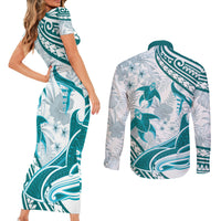 Cyan Polynesia Couples Matching Short Sleeve Bodycon Dress and Long Sleeve Button Shirt Polynesian Turtle Shark Tattoo Tropical Vintage LT14 - Polynesian Pride