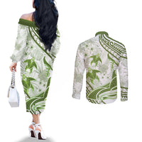 Lime Green Polynesia Couples Matching Off The Shoulder Long Sleeve Dress and Long Sleeve Button Shirt Polynesian Turtle Shark Tattoo Tropical Vintage LT14 - Polynesian Pride