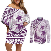 Purple Polynesia Couples Matching Off Shoulder Short Dress and Long Sleeve Button Shirt Polynesian Turtle Shark Tattoo Tropical Vintage LT14 Purple - Polynesian Pride