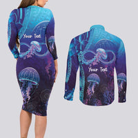 Polynesia Jellyfish Memorial Personalised Couples Matching Long Sleeve Bodycon Dress and Long Sleeve Button Shirt Infinity Jellies Polynesian Pattern