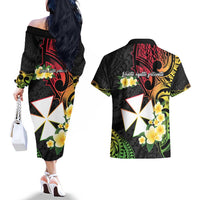 Wallis and Futuna Victory Day Couples Matching Off The Shoulder Long Sleeve Dress and Hawaiian Shirt Liberty Equality Fraternity Polynesian Plumeria LT14 - Polynesian Pride
