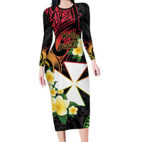 Wallis and Futuna Victory Day Long Sleeve Bodycon Dress Liberty Equality Fraternity Polynesian Plumeria LT14 Long Dress Black - Polynesian Pride
