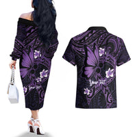 Personalised Fibromyalgia Awareness Month Couples Matching Off The Shoulder Long Sleeve Dress and Hawaiian Shirt Fibro Warrior Strength In Every Struggle LT14 - Polynesian Pride