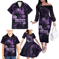Personalised Fibromyalgia Awareness Month Family Matching Off The Shoulder Long Sleeve Dress and Hawaiian Shirt Fibro Warrior Strength In Every Struggle LT14 - Polynesian Pride