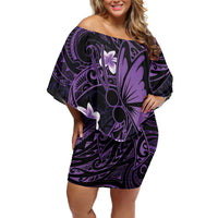 Personalised Fibromyalgia Awareness Month Family Matching Off Shoulder Short Dress and Hawaiian Shirt Fibro Warrior Strength In Every Struggle LT14 Mom's Dress Purple - Polynesian Pride