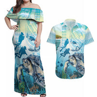 Personalized Snorkeling Hawaii Couples Matching Off Shoulder Maxi Dress and Hawaiian Shirt Ocean Lover Hawaiian Kakau Honu Turtle LT14 Cyan - Polynesian Pride