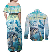 Personalized Snorkeling Hawaii Couples Matching Off Shoulder Maxi Dress and Long Sleeve Button Shirt Ocean Lover Hawaiian Kakau Honu Turtle LT14 - Polynesian Pride