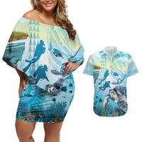 Personalized Snorkeling Hawaii Couples Matching Off Shoulder Short Dress and Hawaiian Shirt Ocean Lover Hawaiian Kakau Honu Turtle LT14 Cyan - Polynesian Pride