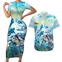 Personalized Snorkeling Hawaii Couples Matching Short Sleeve Bodycon Dress and Hawaiian Shirt Ocean Lover Hawaiian Kakau Honu Turtle LT14 Cyan - Polynesian Pride