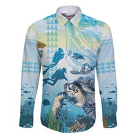 Personalized Snorkeling Hawaii Family Matching Off Shoulder Maxi Dress and Hawaiian Shirt Ocean Lover Hawaiian Kakau Honu Turtle LT14 Dad's Shirt - Long Sleeve Cyan - Polynesian Pride