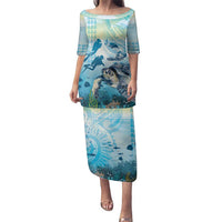Personalized Snorkeling Hawaii Family Matching Puletasi and Hawaiian Shirt Ocean Lover Hawaiian Kakau Honu Turtle LT14 Mom's Dress Cyan - Polynesian Pride