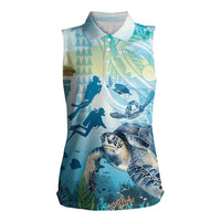 Personalized Snorkeling Hawaii Women Sleeveless Polo Shirt Ocean Lover Hawaiian Kakau Honu Turtle LT14 Female Cyan - Polynesian Pride