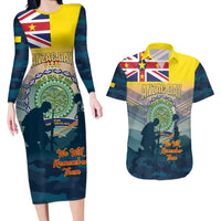 Niue ANZAC Day Couples Matching Long Sleeve Bodycon Dress and Hawaiian Shirt We Will Remember Them Camouflage Style LT14 Yellow - Polynesian Pride