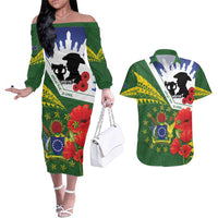 Cook Islands ANZAC Day Couples Matching Off The Shoulder Long Sleeve Dress and Hawaiian Shirt Last Post Lest We Forget LT14 Green - Polynesian Pride