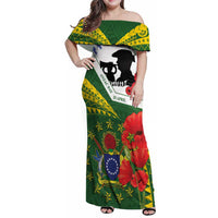 Cook Islands ANZAC Day Family Matching Off Shoulder Maxi Dress and Hawaiian Shirt Last Post Lest We Forget LT14 Mom's Dress Green - Polynesian Pride