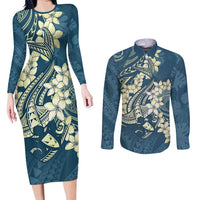 Cyan Polynesia Hammerhead Shark Tattoo With Plumeria Lei Couples Matching Long Sleeve Bodycon Dress and Long Sleeve Button Shirt LT14 Cyan - Polynesian Pride