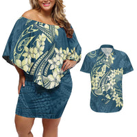 Cyan Polynesia Hammerhead Shark Tattoo With Plumeria Lei Couples Matching Off Shoulder Short Dress and Hawaiian Shirt LT14 Cyan - Polynesian Pride