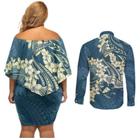 Cyan Polynesia Hammerhead Shark Tattoo With Plumeria Lei Couples Matching Off Shoulder Short Dress and Long Sleeve Button Shirt LT14 - Polynesian Pride