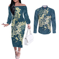 Cyan Polynesia Hammerhead Shark Tattoo With Plumeria Lei Couples Matching Off The Shoulder Long Sleeve Dress and Long Sleeve Button Shirt LT14 Cyan - Polynesian Pride