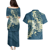 Cyan Polynesia Hammerhead Shark Tattoo With Plumeria Lei Couples Matching Puletasi and Hawaiian Shirt