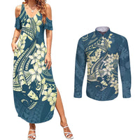 Cyan Polynesia Hammerhead Shark Tattoo With Plumeria Lei Couples Matching Summer Maxi Dress and Long Sleeve Button Shirt