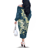 Cyan Polynesia Hammerhead Shark Tattoo With Plumeria Lei Family Matching Off The Shoulder Long Sleeve Dress and Hawaiian Shirt LT14 - Polynesian Pride