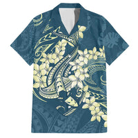 Cyan Polynesia Hammerhead Shark Tattoo With Plumeria Lei Family Matching Off Shoulder Short Dress and Hawaiian Shirt LT14 Dad's Shirt - Short Sleeve Cyan - Polynesian Pride