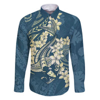 Cyan Polynesia Hammerhead Shark Tattoo With Plumeria Lei Family Matching Puletasi and Hawaiian Shirt LT14 Dad's Shirt - Long Sleeve Cyan - Polynesian Pride