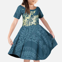 Cyan Polynesia Hammerhead Shark Tattoo With Plumeria Lei Family Matching Short Sleeve Bodycon Dress and Hawaiian Shirt LT14 Daughter's Dress Cyan - Polynesian Pride