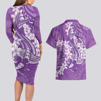 Purple Polynesia Hammerhead Shark Tattoo With Plumeria Lei Couples Matching Long Sleeve Bodycon Dress and Hawaiian Shirt LT14 - Polynesian Pride